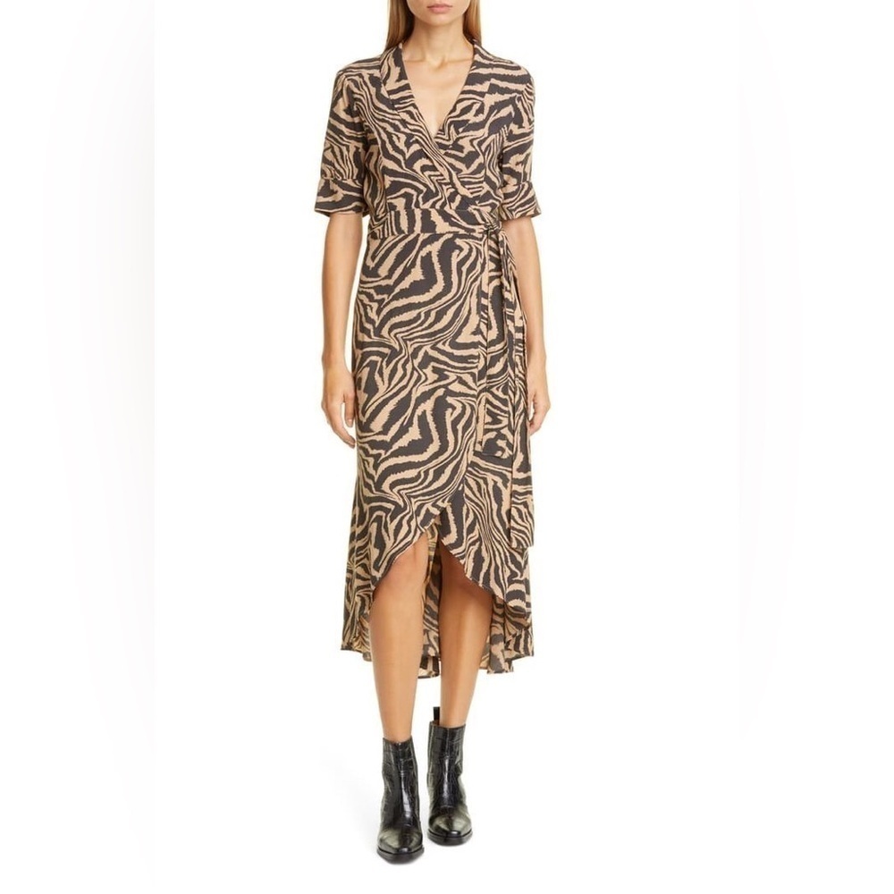 Ganni Animal Print Wrap Dress Belted Short Sleeve Black and Tan Size 36 US 4